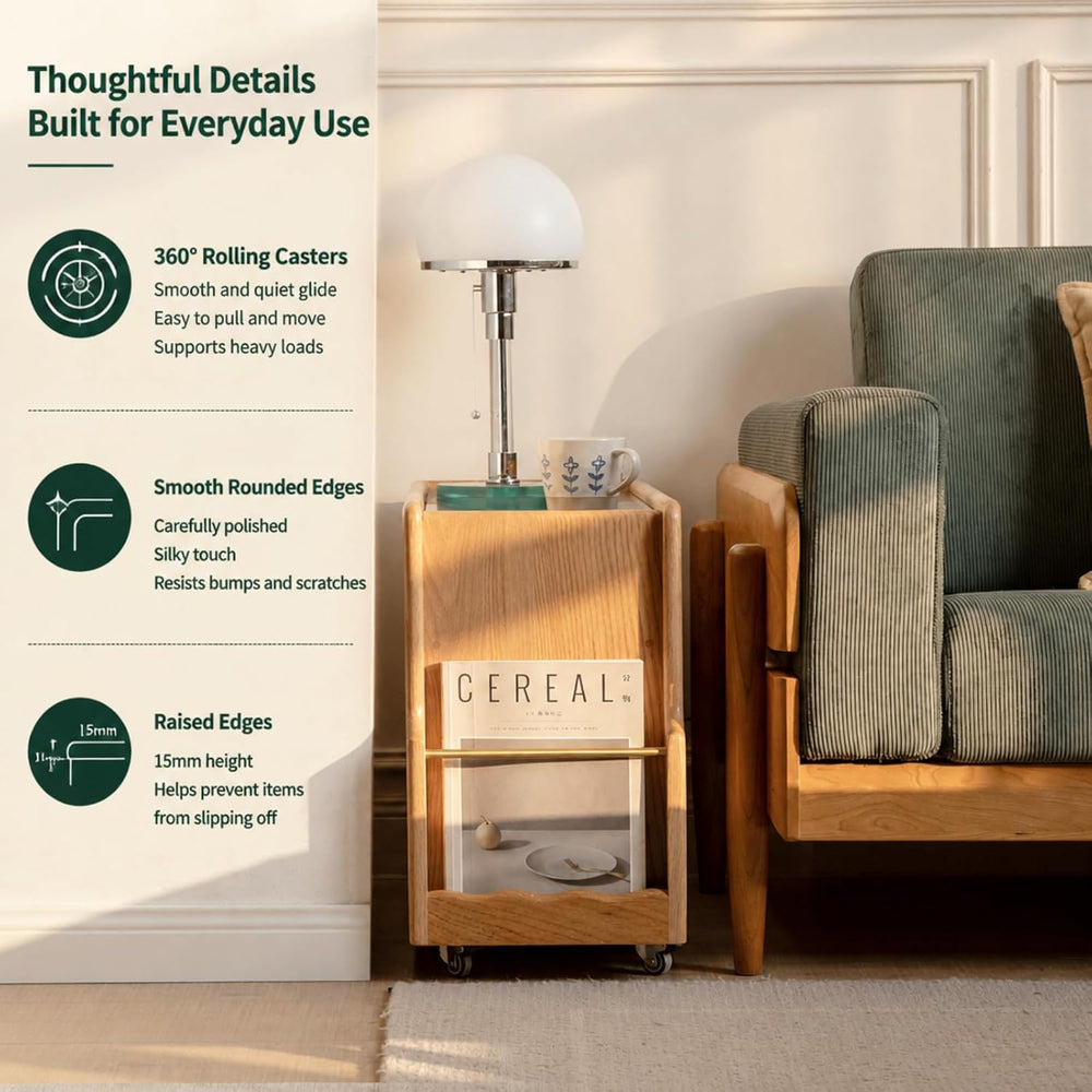 Solid Wood Side Table with Storage, Narrow End Table with Magazine Rack