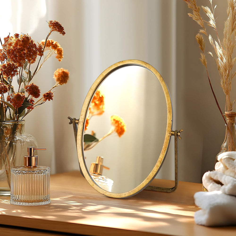 Oval Small Vintage Desk Mirror, Antique Gold Vanity Table Mirror