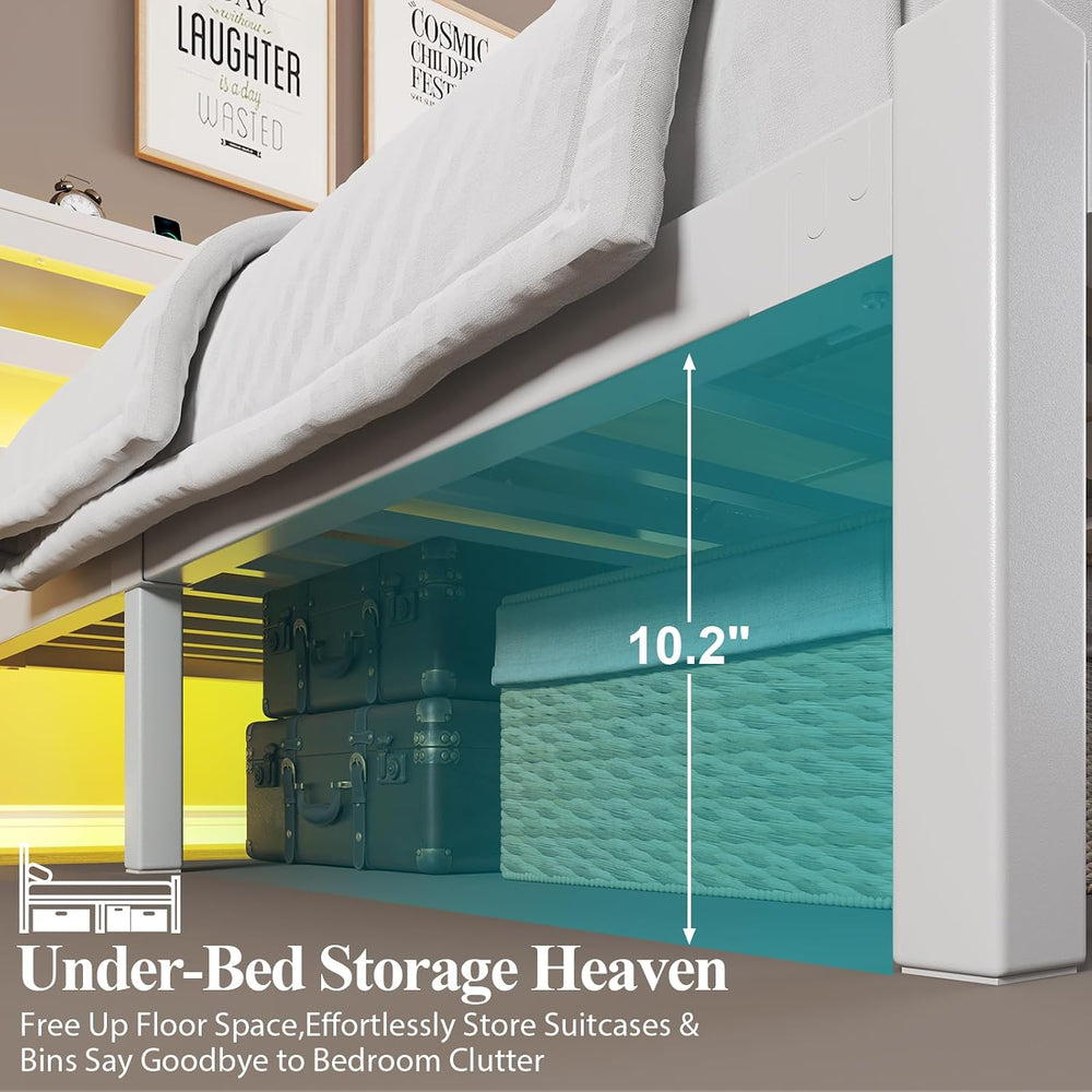 E-Motie Full Bed Frame, Storage Shelf and LED Lights Headboard, White