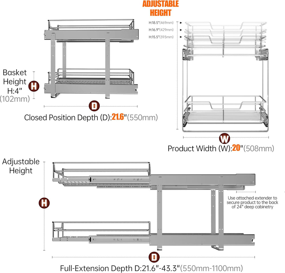 JOWBOOW 2-Tier Cabinet Pull Out Shelves, 20" W x 22" D, Chrome