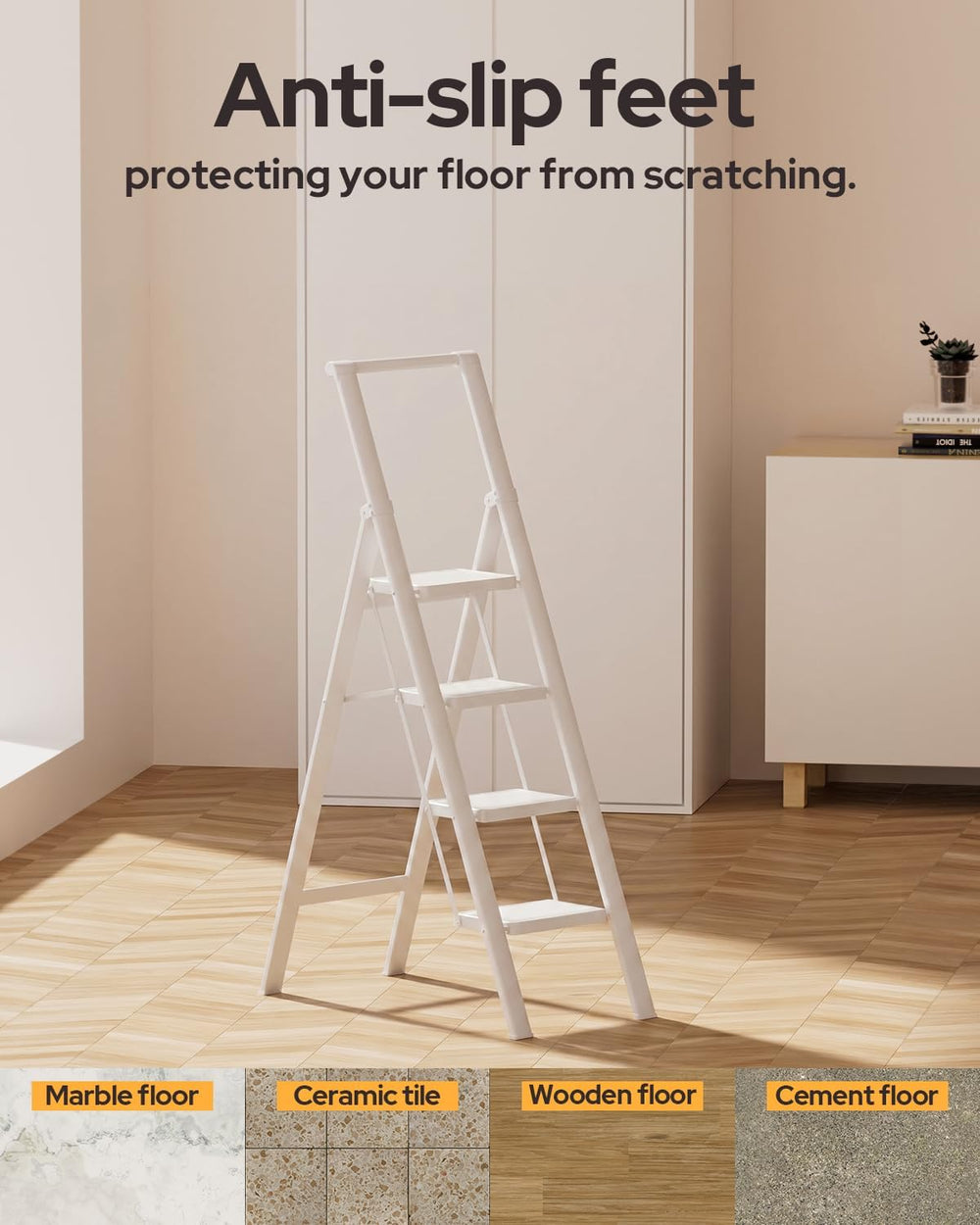4 Step Ladder, Foldable 4 Step Stool, White