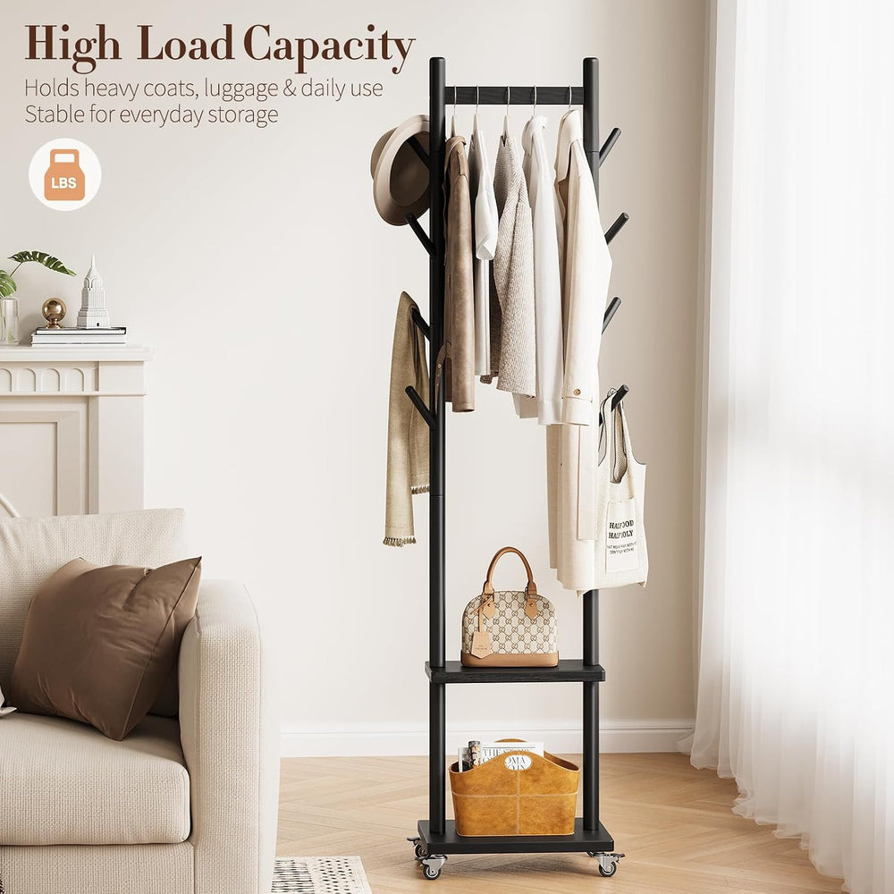 Yoobure Solid Wood Coat Rack Freestanding - Rolling Clothes Rack with 8 Hooks...