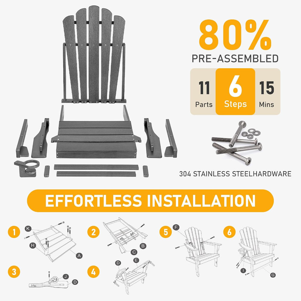 Oversized Folding Adirondack Chair 2PC, HDPE Fire Pit Chair W/400 LBS