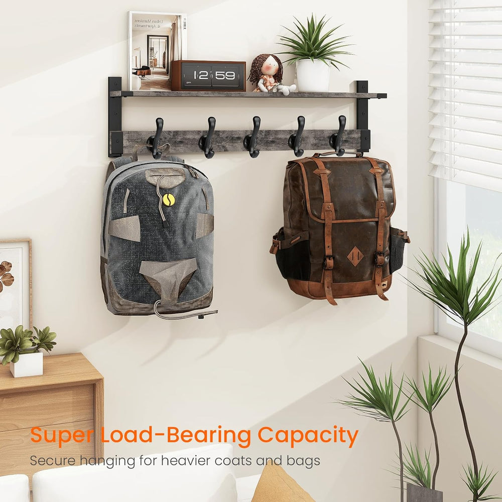 Homode Coat Rack Wall Mount with Shelf, 29 Inch Wall Shelf with Hooks, Grey