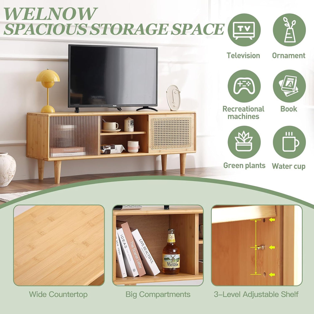 Welnow Rattan TV Stand for Up to 55 Inch, Mid Century Modern Bamboo Entertain...