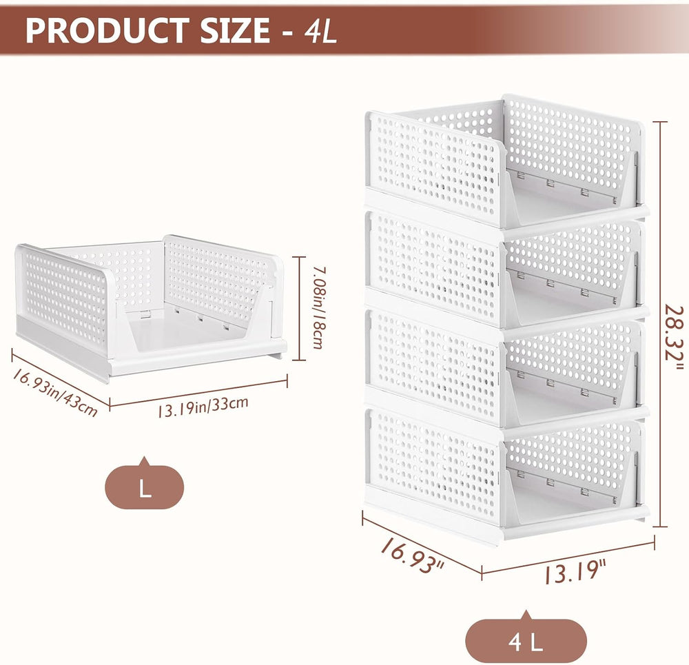 4 Pack Folding Closet Organizers Storage Box, Stackable Storage Bins, Plastic...