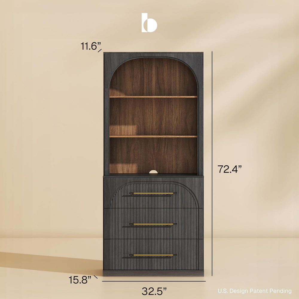 BELLEZE Display Storage Cabinet with Hutch, 72" Tall Wood Modern Bookshe...