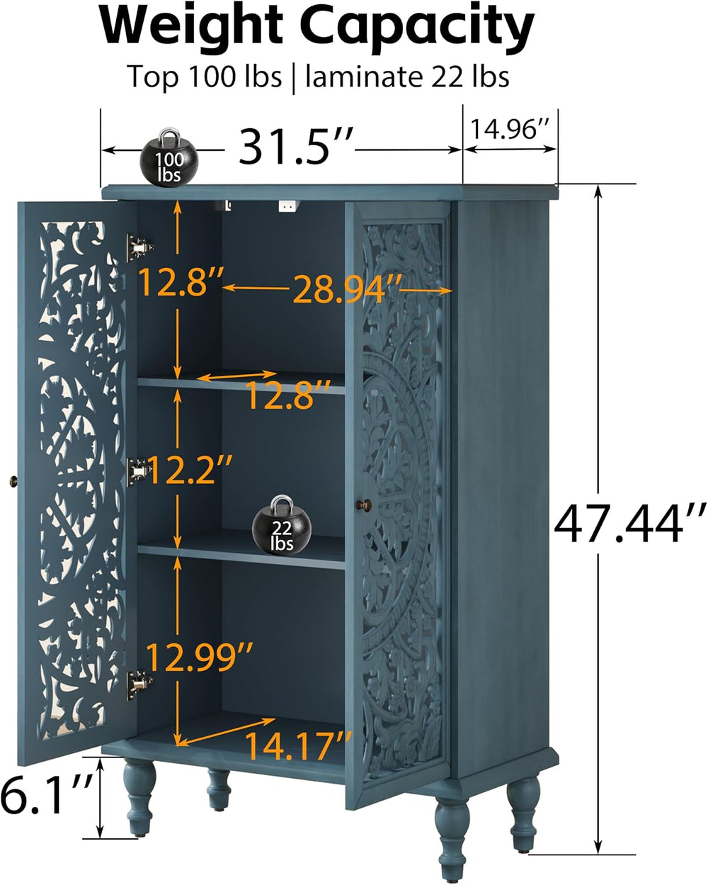 47" Tall Accent Cabinet Vintage Storage Cabinet with Doors Blue