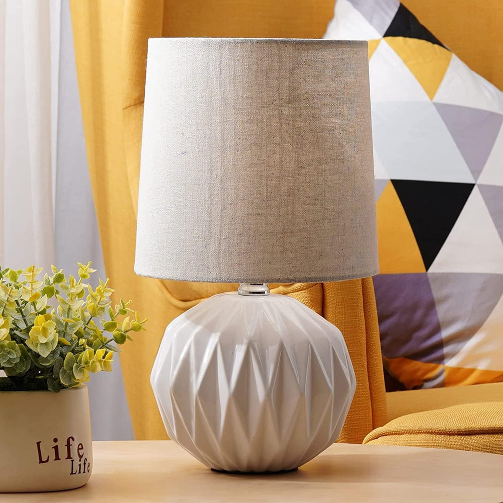 White Ceramic Table Lamp, Geometric Textured Small Bedside Lamp with Linen Sh...