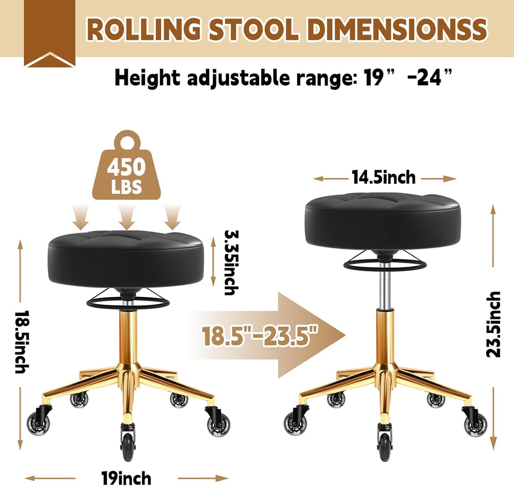 YEEZEE Rolling Stool Heavy Duty 450lb, Adjustable Stool with Wheels, Black