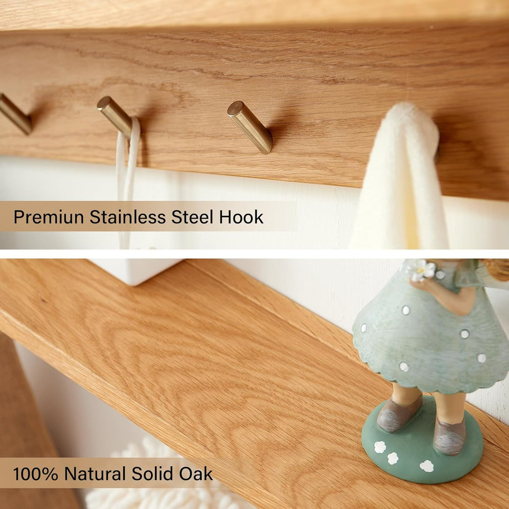 Wall Hooks with Shelf Oak Wood Coat Rack Shelf Wall Mounted, Entryway Shelves...