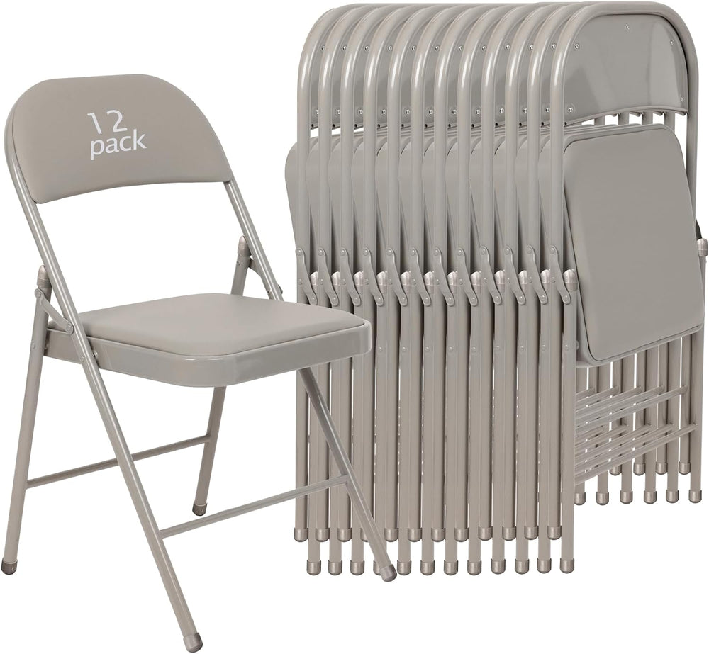12 Pack Padded Folding Chairs, PU Leather Seat, 350 lb, Grey