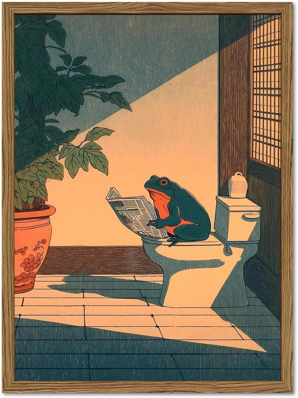 Funny Frog Bathroom Wall Art, Cute Japanese Frog in Toilet Wall Decor, Whimsi...