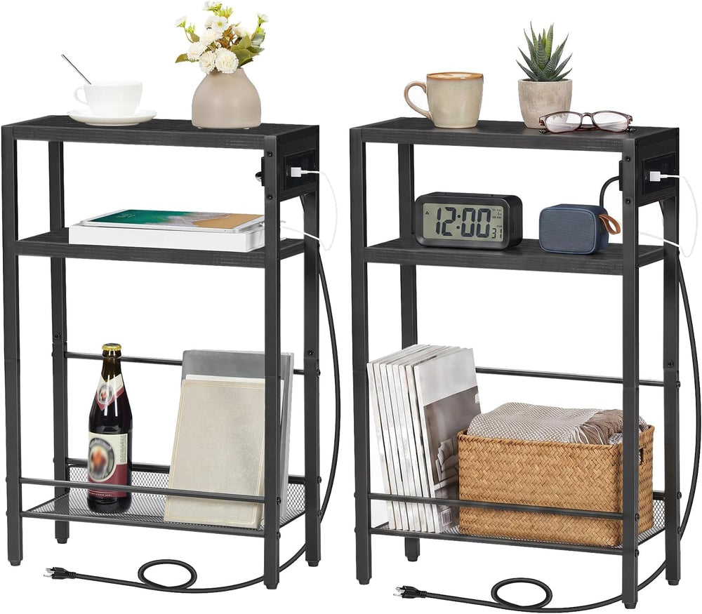 HOOBRO Small Narrow Side Table with Charging Station Set of 2, Skinny End Tab...