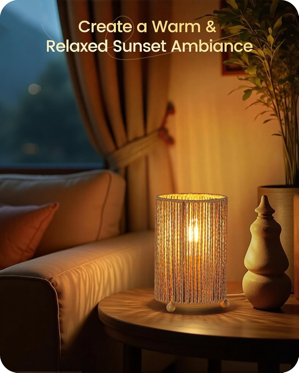 Small Rattan Table Lamps Set of 2, Boho Bedside Lamps Set of 2, Handwoven Pap...