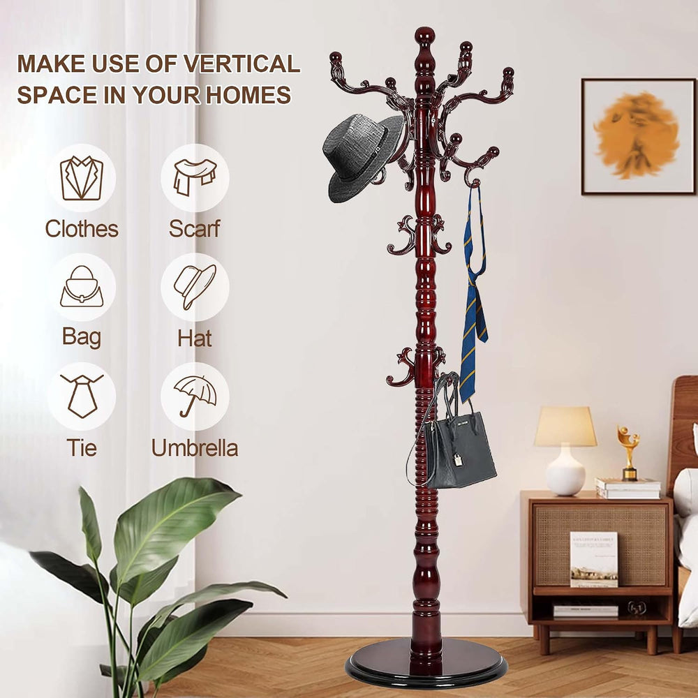Wooden Coat Rack Freestanding Heavy Duty with 18 Hooks, Mahogany