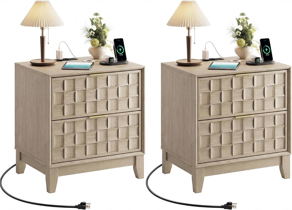 COLAMY Night Stand Bedside Table with Charging Station Set of 2, Modern Woode...