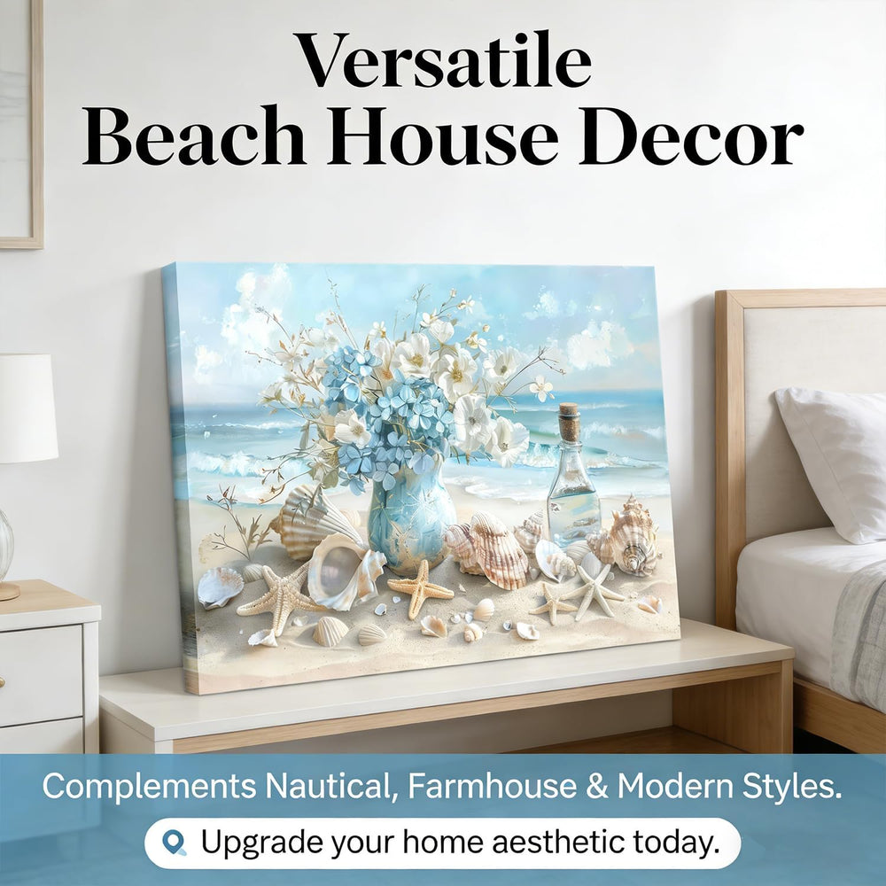 Blue Ocean Beach Bathroom Canvas Wall Art Seaside Seashell Painting Picture W...