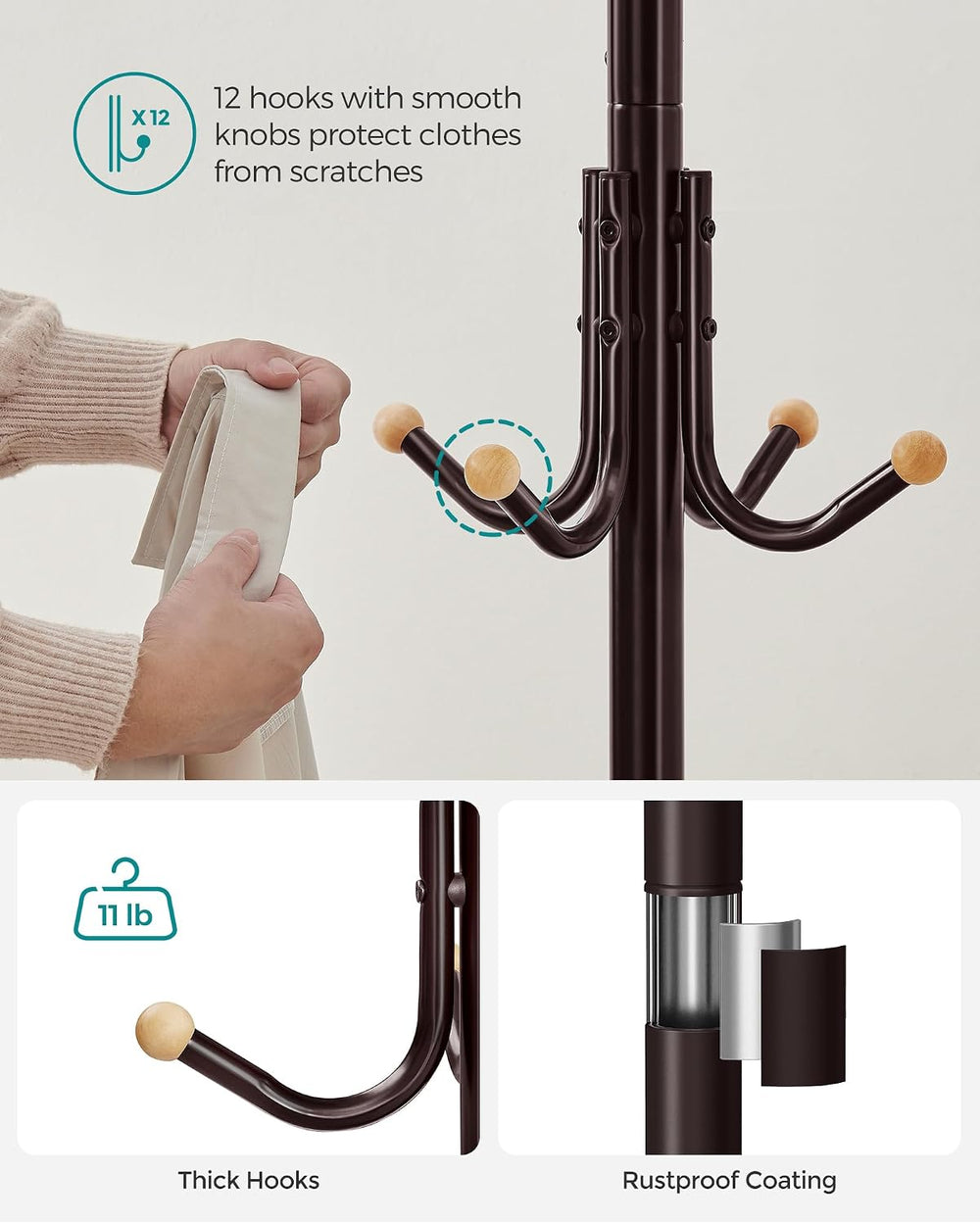 SONGMICS Coat Rack Freestanding, Metal Coat Rack Stand with 12 Hooks and 4 Le...