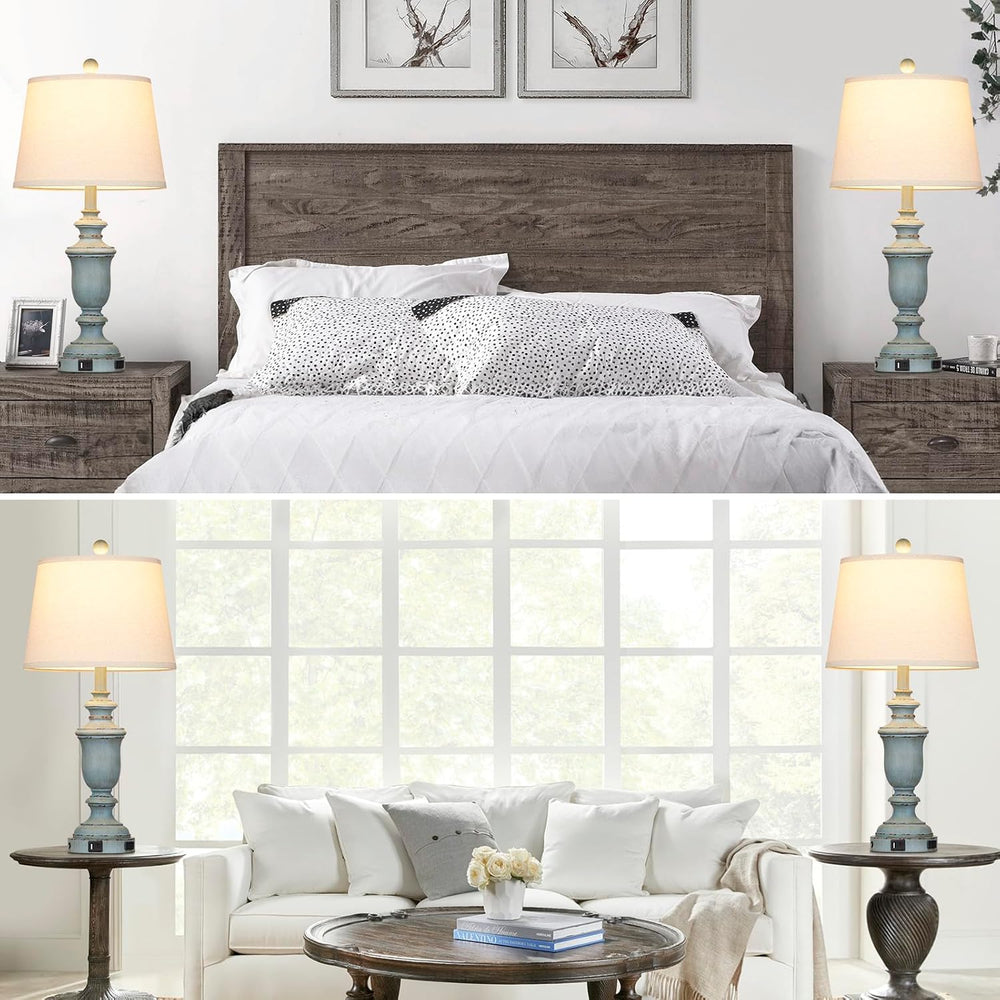 Cinkeda 25.6" Blue Table Lamps Set of 2 with USB C+A Ports & AC Outl...
