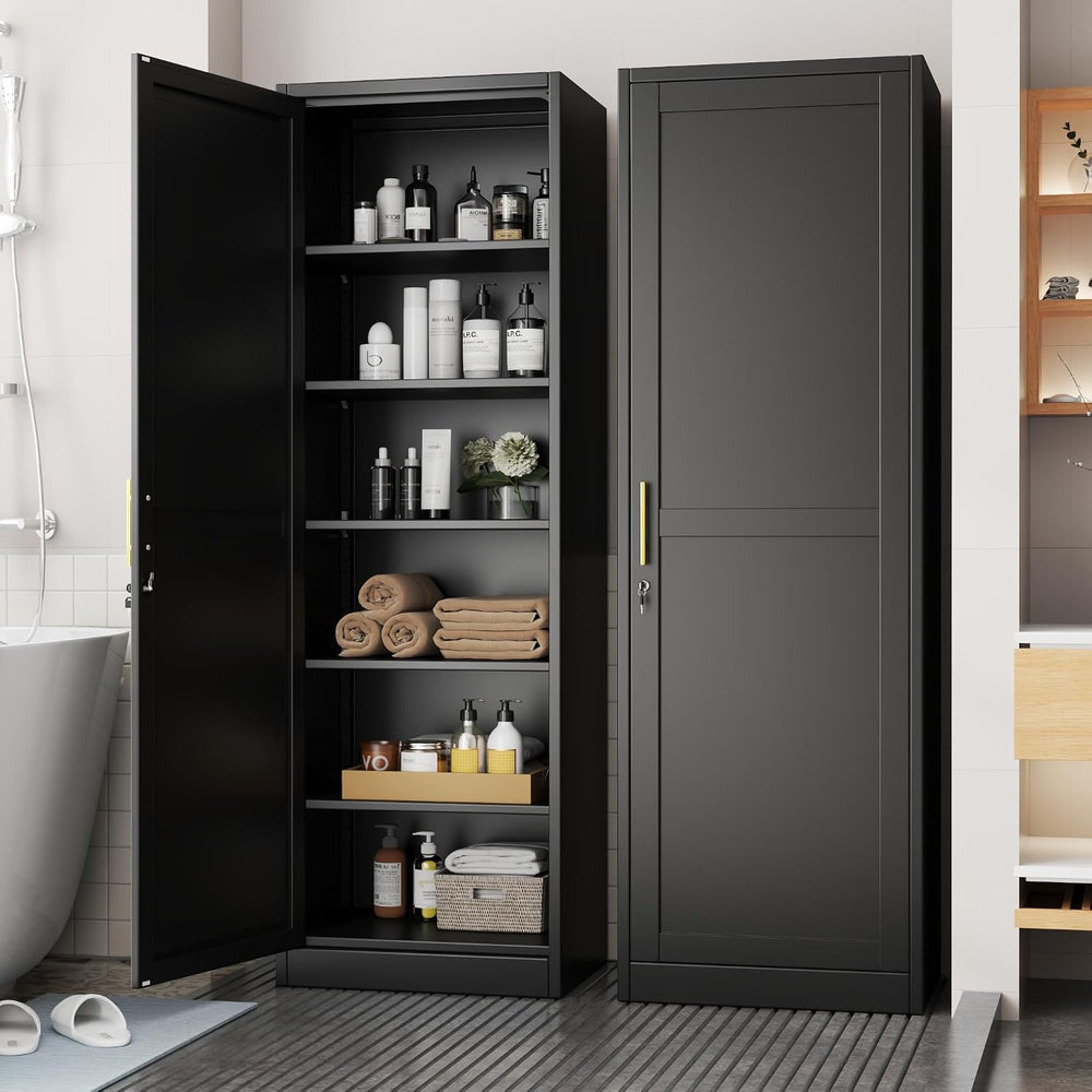 Tall Metal Narrow Bathroom Storage Locker Cabinet 67" H, Black Kitchen P...