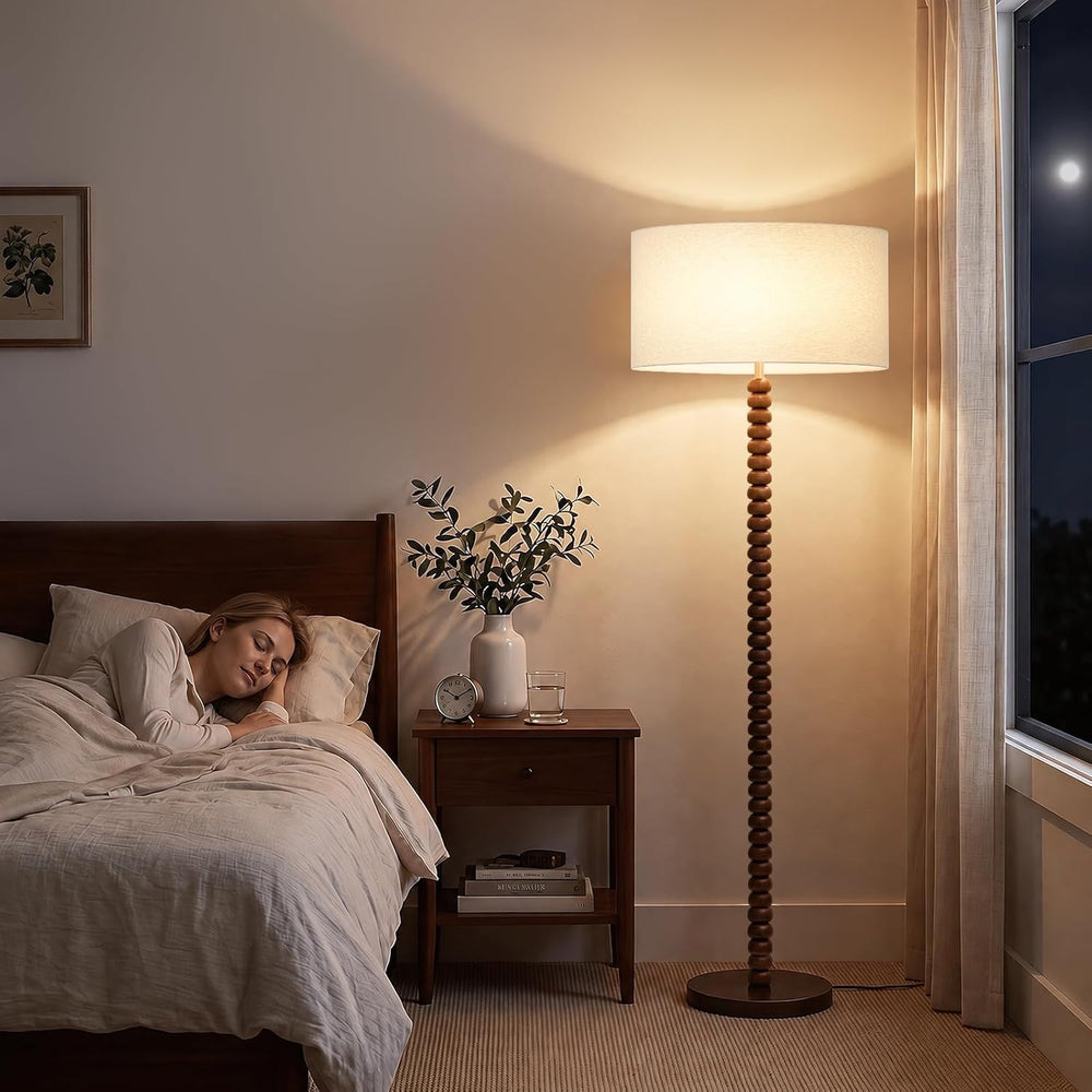 62" Farmhouse Stackable Ball Walnut Wood Floor Lamp with Linen Shade, Cream