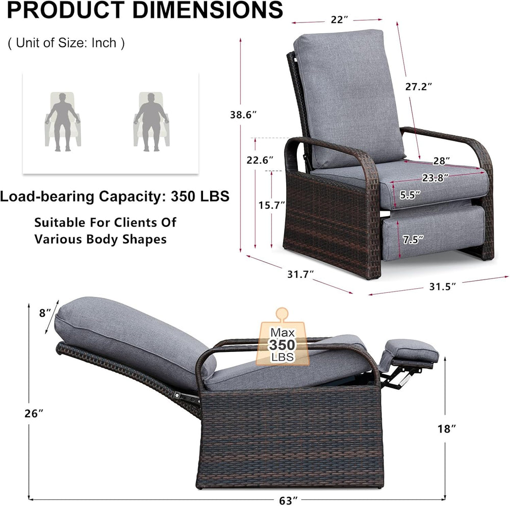 Skypatio Oversized Outdoor Recliner Chair, Adjustable Backrest All-Weather Wi...