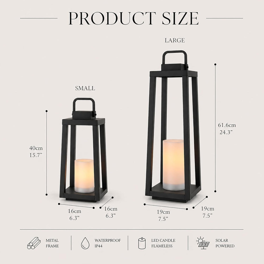 H16 Modern Outdoor Solar Lantern Black Metal Frame with Flickering LED Candle...