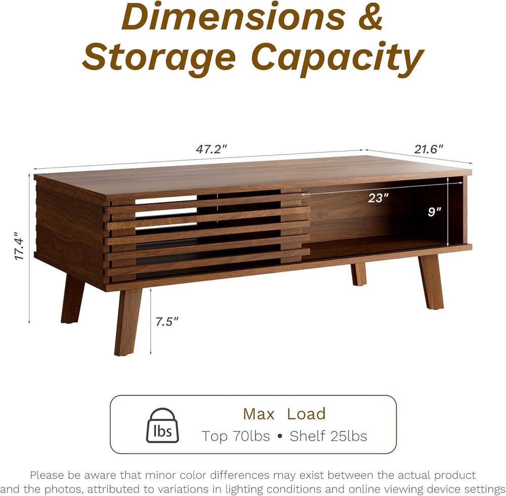MAISONARIA Mid Century Coffee Table with Storage & Sliding Fence Door, Mo...