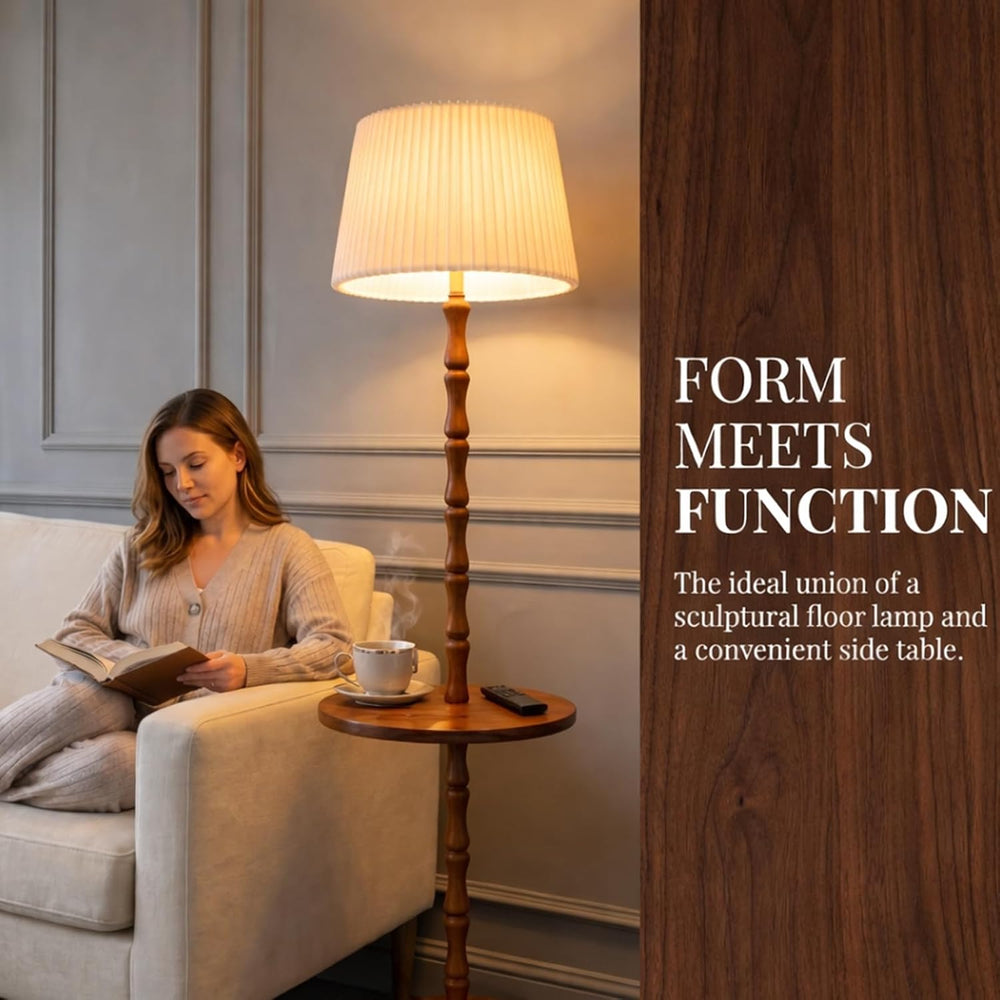 Real Wood Floor Lamp with Built-in Tray, Remote Control, Adjustable Brightnes...