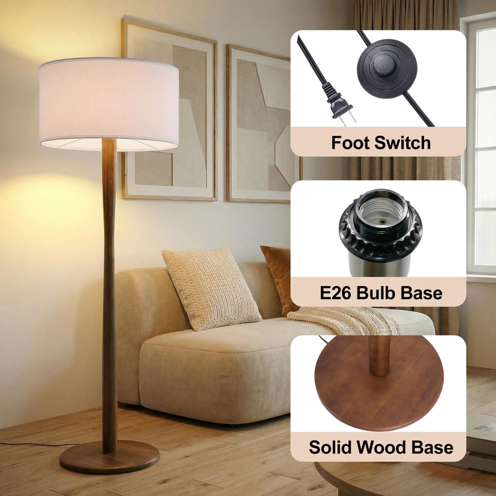62" Tall Rustic Walnut Wood Floor Lamp with Large Linen Shade, White