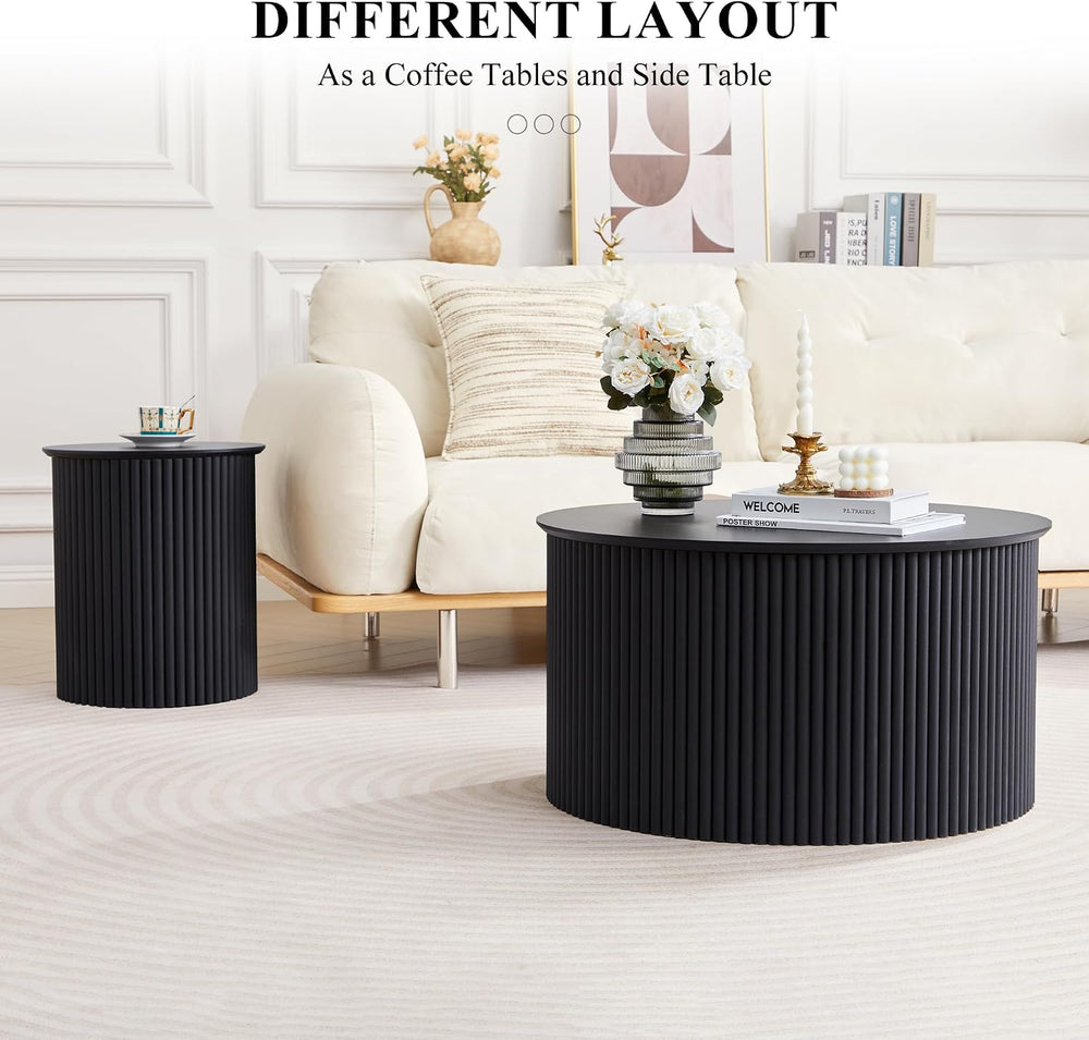 Fluted Round Nesting Coffee Table Set of 2 Circle Center Table Living Room