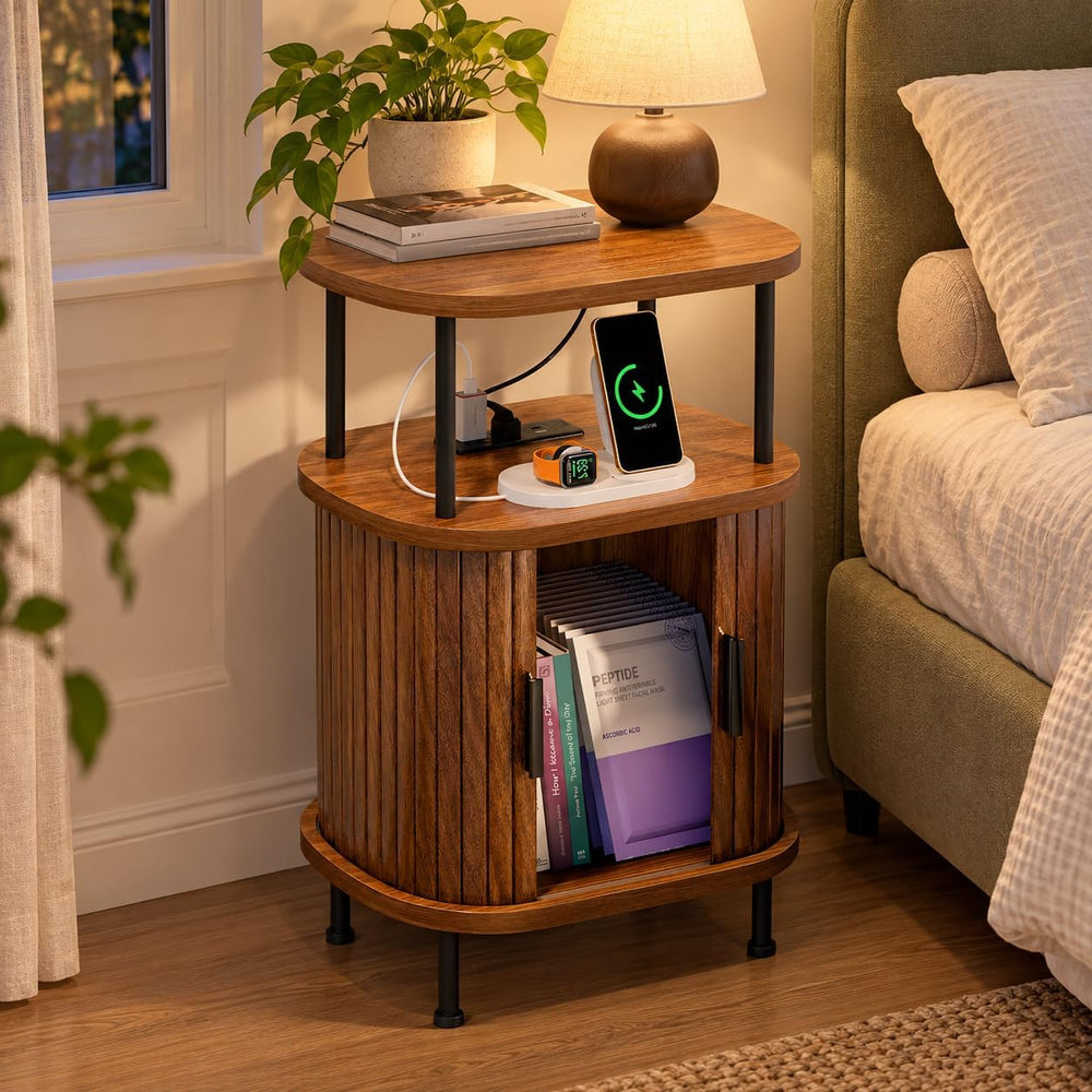 Fluted Nightstand, Walnut Bedside Table with Charging Station