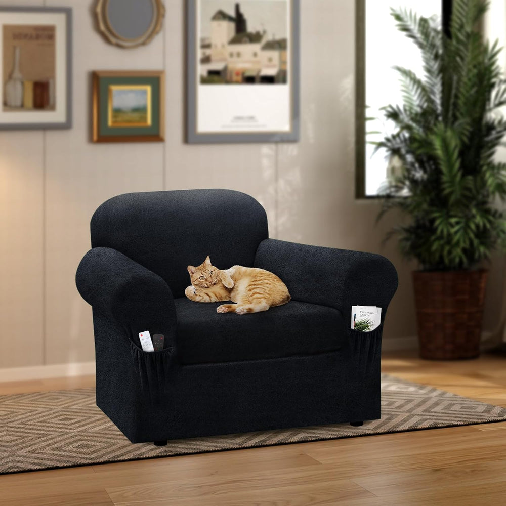 Chair Slipcover with Armrest Pockets 2-Piece Set, Stretch Faux Leather Chair ...