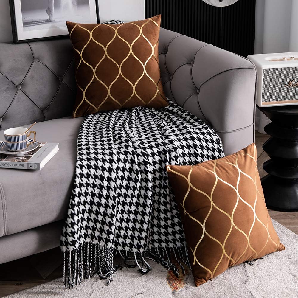 DEZENE Gold Velvet Throw Pillow Covers: 2 Pack 24x24 Inch Square Decorative P...
