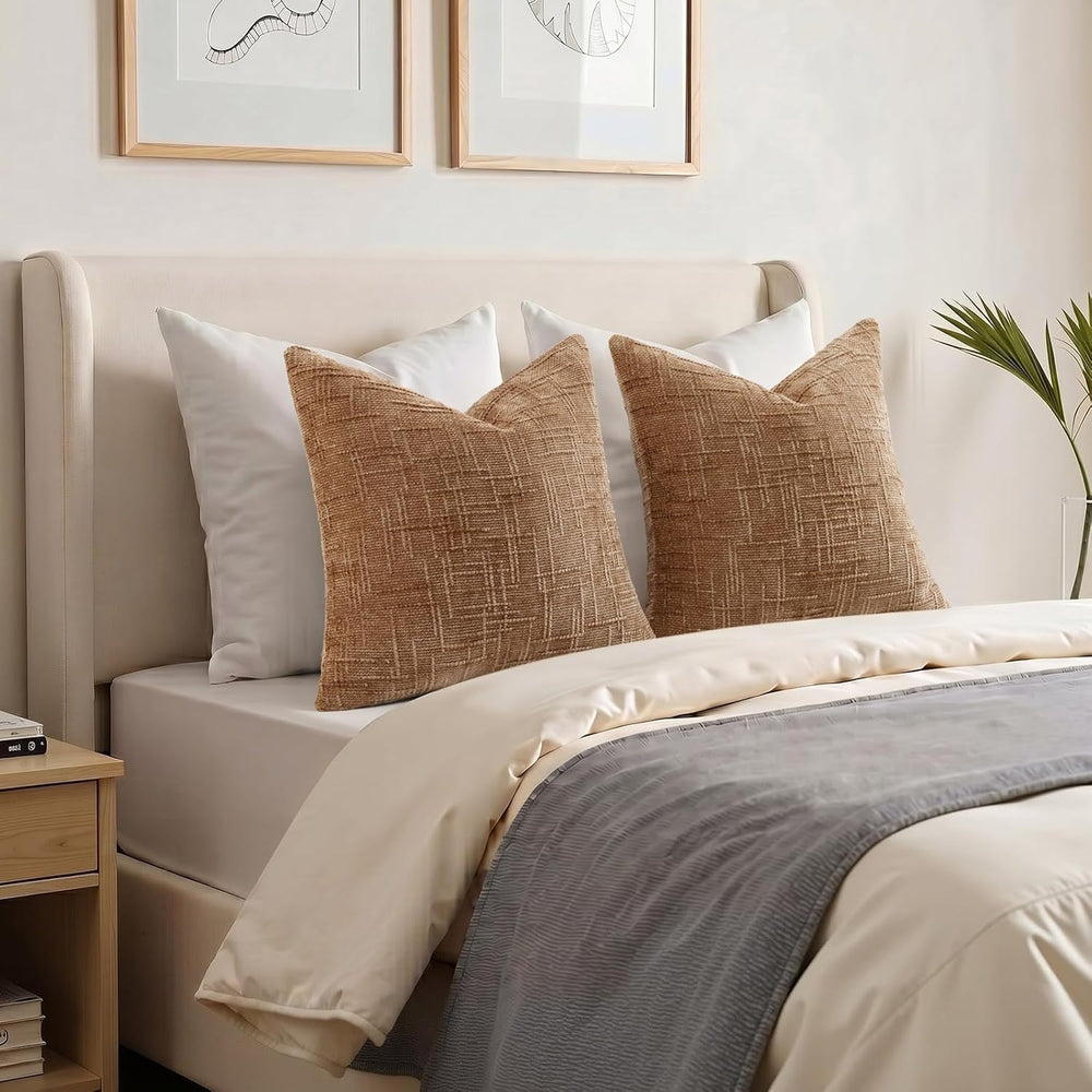 decorUhome Textured Chenille Throw Pillow Covers 24x24 Set of 2 Camel