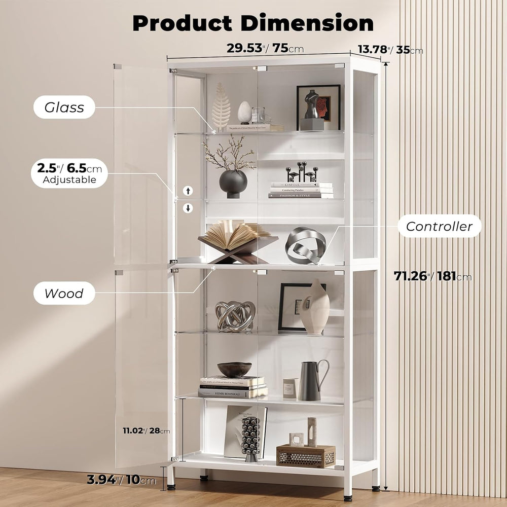 71.2" 6-Tier Display Cabinet with Glass Doors for Collectibles, White