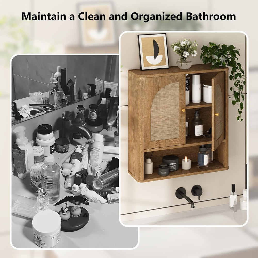 RUSTOWN Rattan Bathroom Wall Cabinet with 2 Arched Doors & Adjustable Shelf