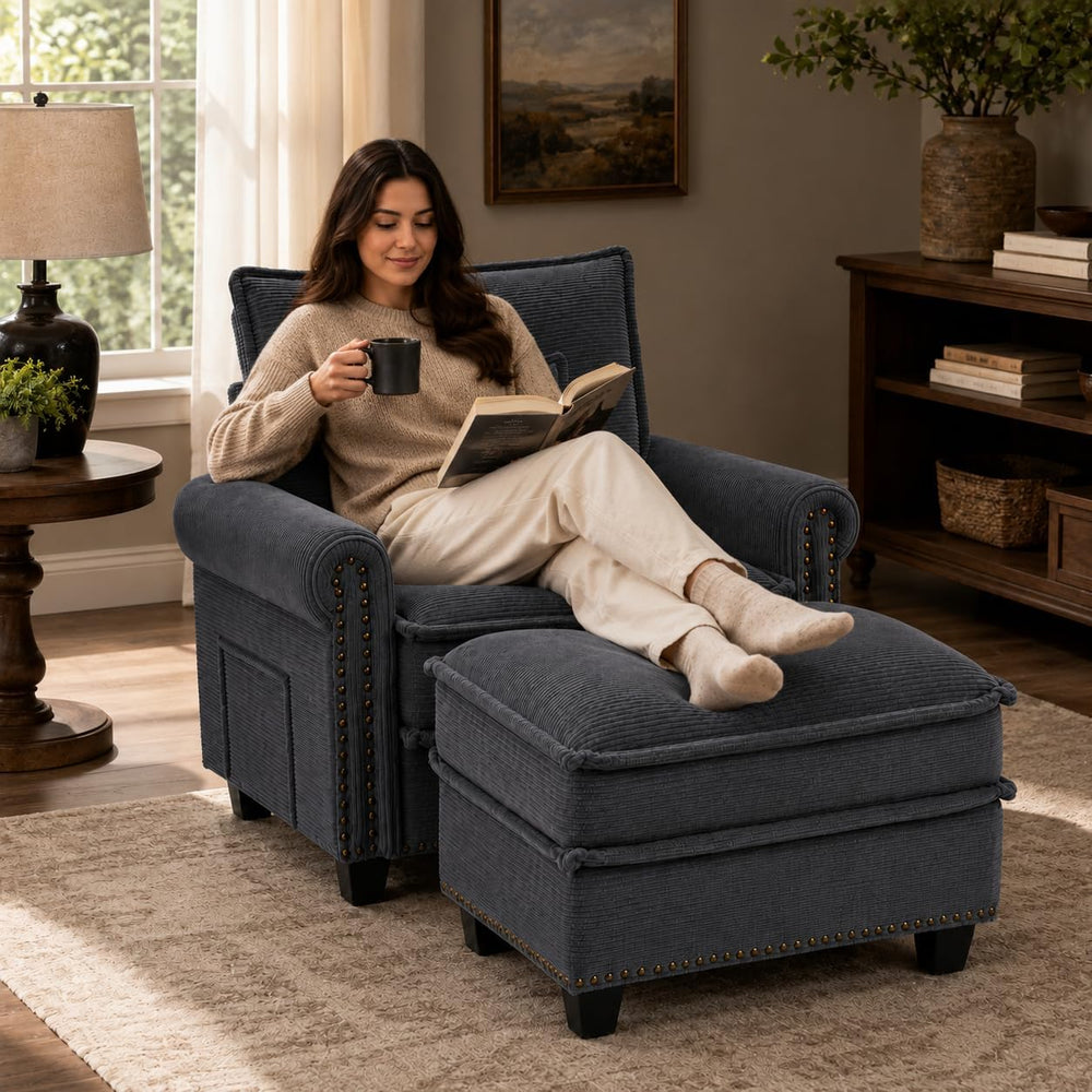 42-inch Nailhead Trim Sofa with Ottoman, Modern Corduroy Small Couch with Rol...