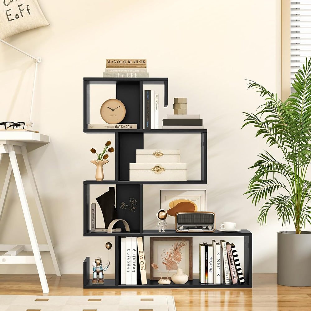 GIANTEX 5-Tier Geometric Bookshelf, S-Shaped Bookcase w/Open Cubes, Black