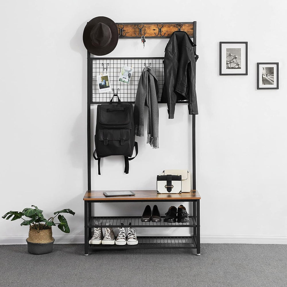 VASAGLE Coat Rack and Storage Bench, Hall Tree with 9 Hooks, Iron Frame