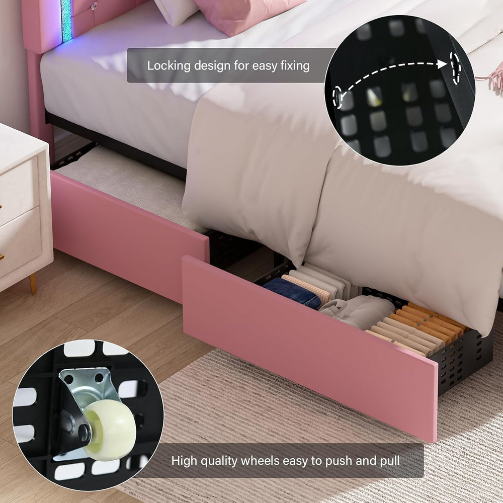 BarnFurin Full Size Bed Frame with LED Headboard and Storage Drawers,Pink