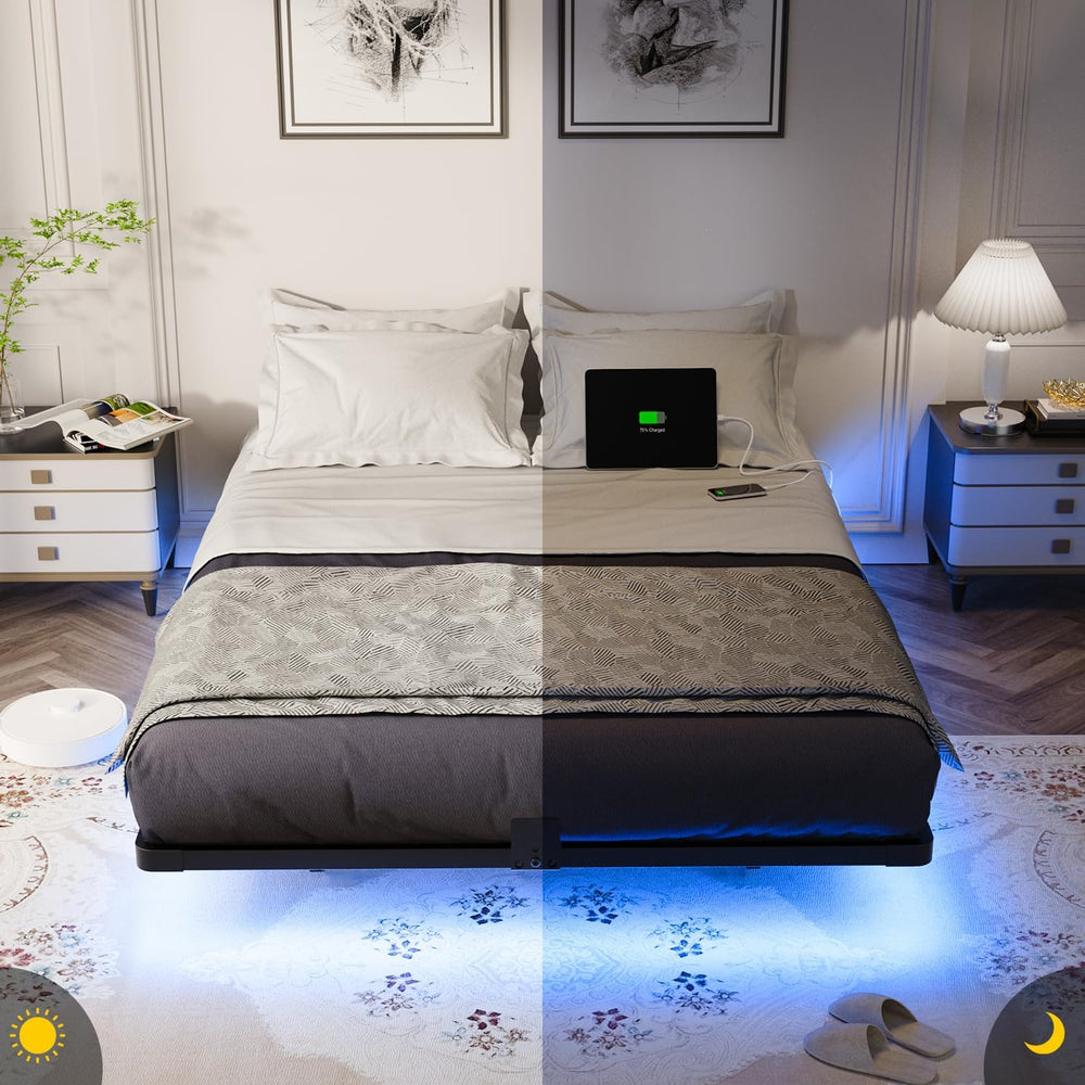 OLEVS Floating Bed Frame Full Size Metal with LED Light & Charging Station