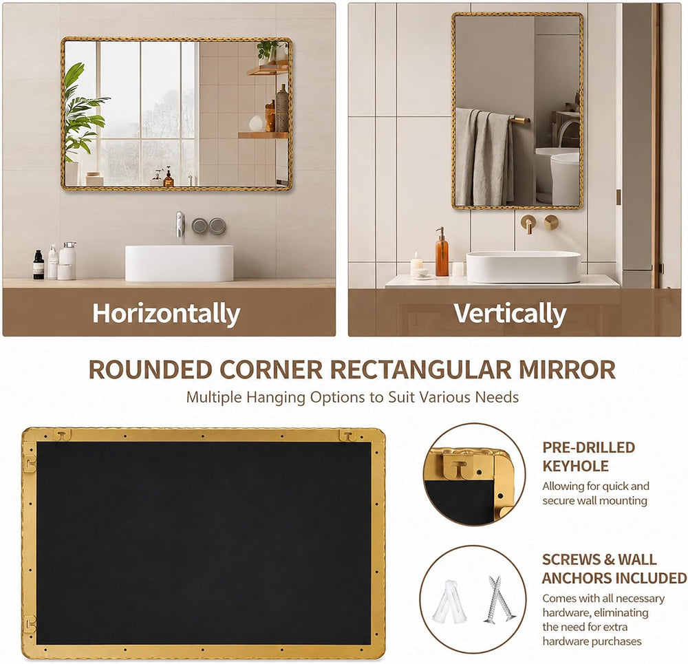 24"x36" Hammered Antique Gold Bathroom Mirror, Rounded Rectangle