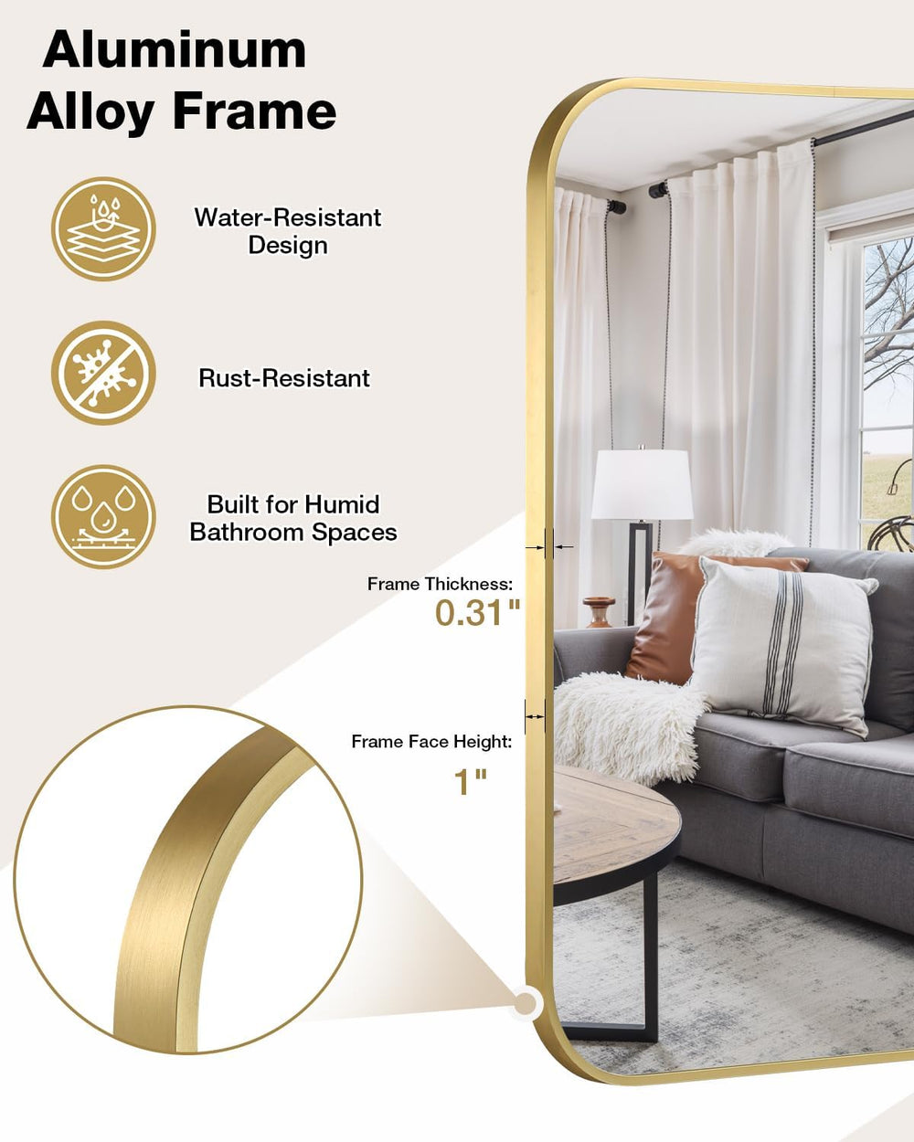 24"x36" Brushed Gold Bathroom Mirror, Rectangle Vanity Mirror for O...