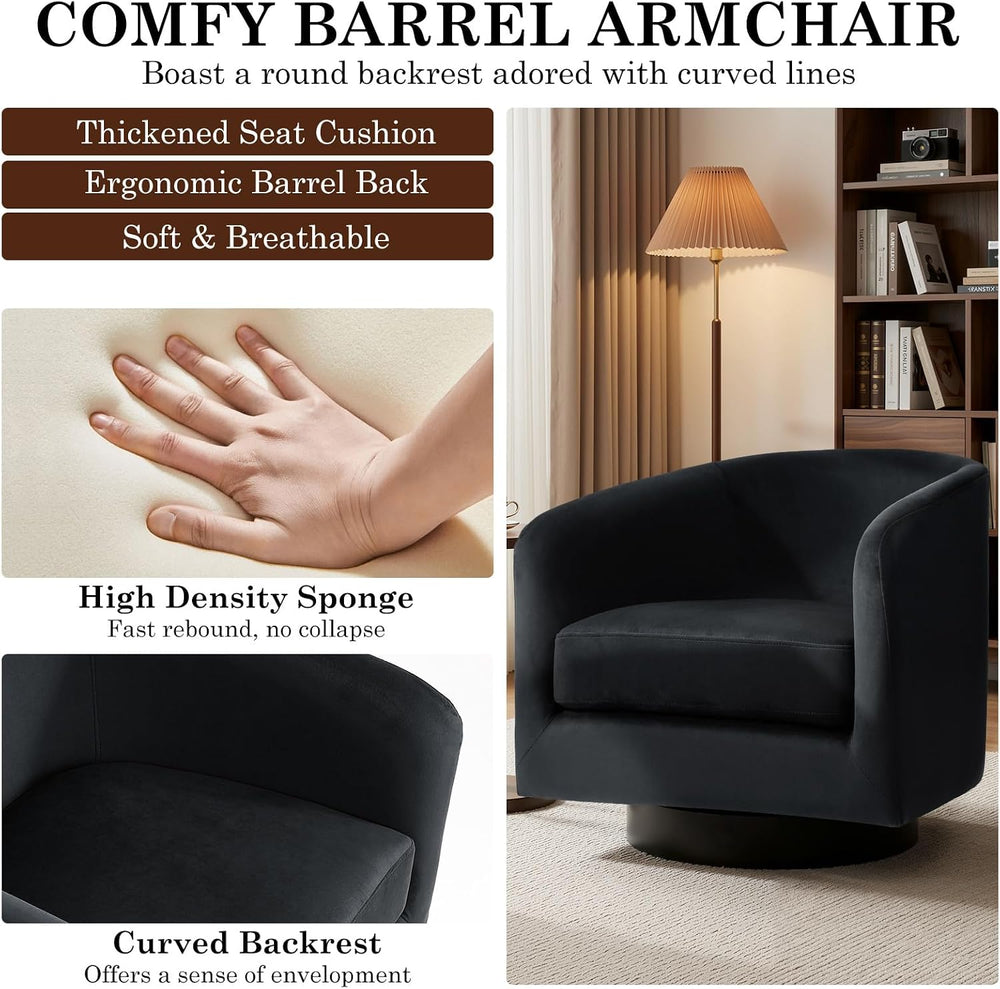 Swivel Barrel Accent Chair, Velvet Upholstered Armchair, Black