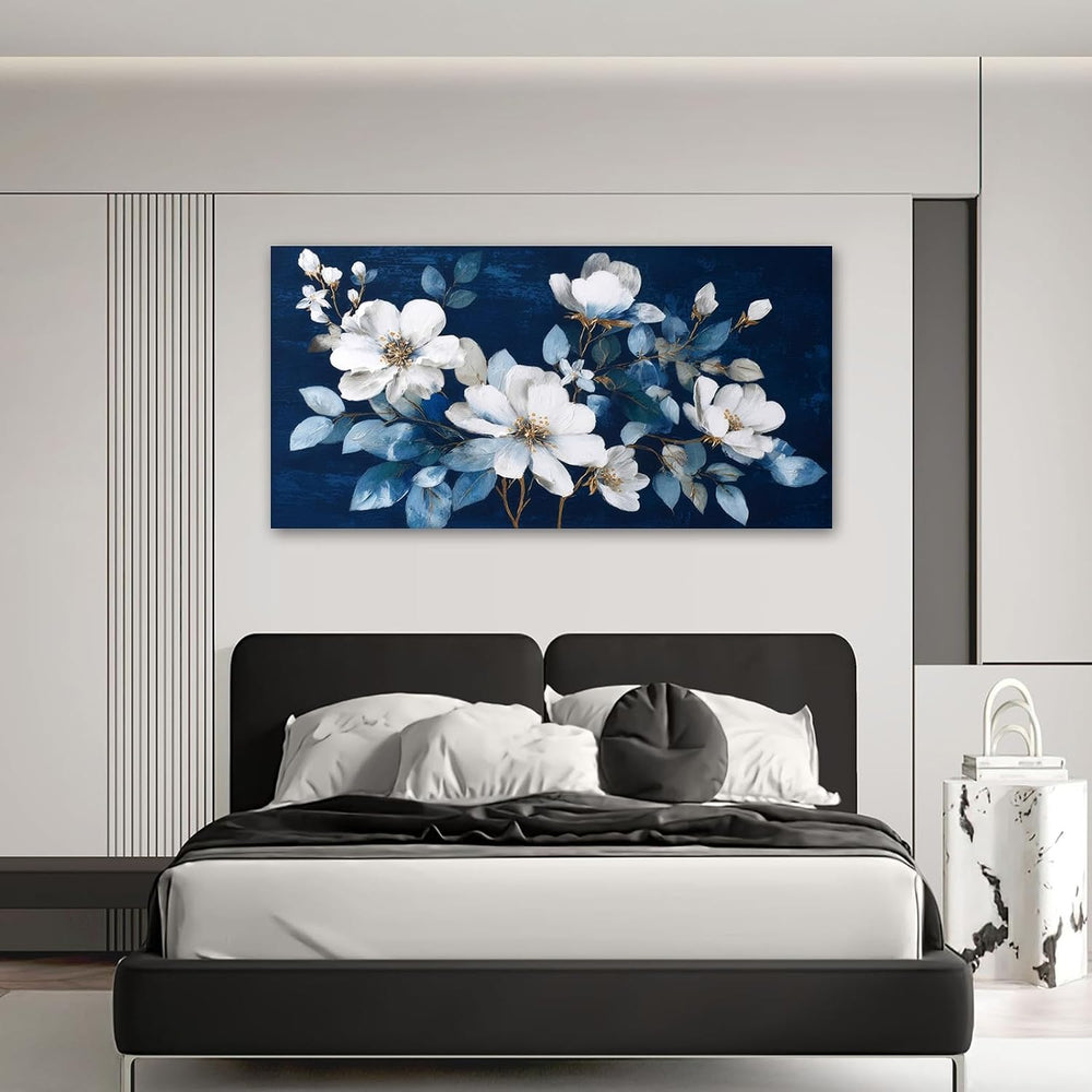 JLXART Framed Large Flower Canvas Wall Art Modern White Floral with Blue Back...