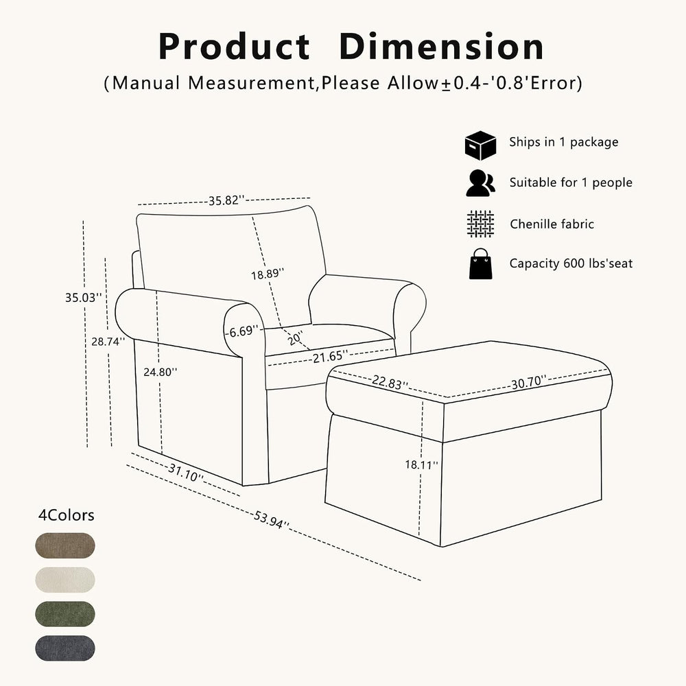 35.82" Oversized Accent Chair with Ottoman, Chenille Armchair, Gray