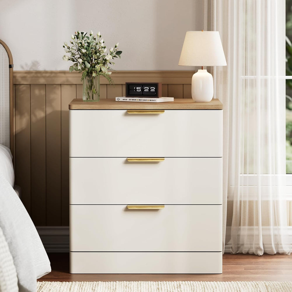 3 Pieces 6 Drawer Dresser & 3 Drawer Nightstand Set, White & Brown