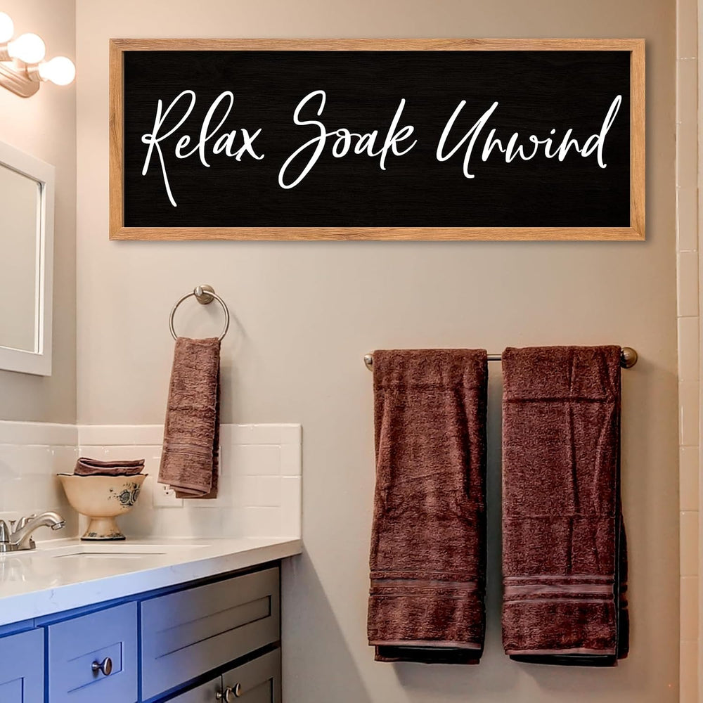 AuraPeak Relax Soak Unwind Sign Bathroom Wall Decor, Wood Black, 32"×12&...